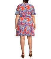 Lauren Ralph Lauren Plus Size Floral Print Surplice V-Neck Flutter Sleeve Belted Fit and Flare Dress