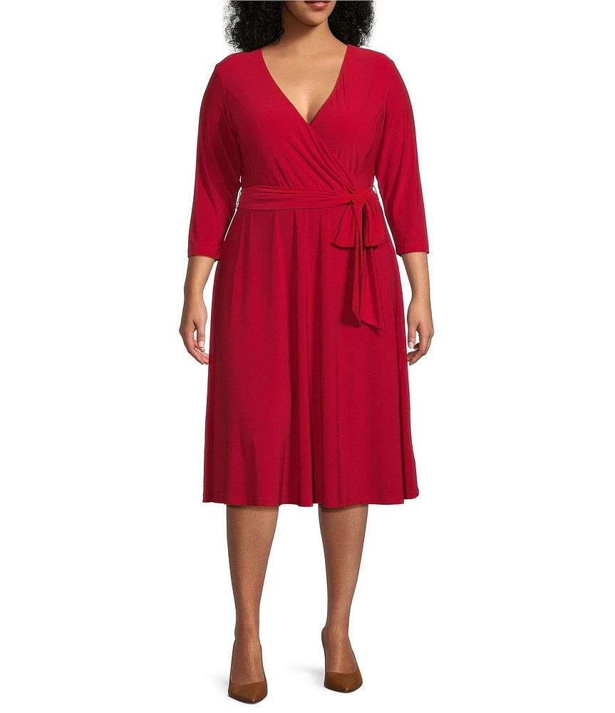 Lauren Ralph Lauren Plus Size V-Neck 3/4 Sleeve Tie Waist Midi Jersey Dress