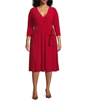 Lauren Ralph Lauren Plus Size V-Neck 3/4 Sleeve Tie Waist Midi Jersey Dress