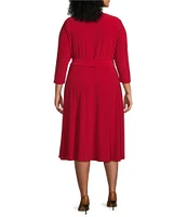 Lauren Ralph Lauren Plus Size V-Neck 3/4 Sleeve Tie Waist Midi Jersey Dress