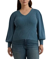 Lauren Ralph Lauren Plus Size V-Neck Voluminous Long Blouson Sleeve Slim Fit Sweater