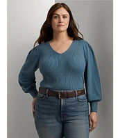 Lauren Ralph Lauren Plus Size V-Neck Voluminous Long Blouson Sleeve Slim Fit Sweater