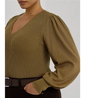 Lauren Ralph Lauren Plus Size V-Neck Voluminous Long Blouson Sleeve Slim Fit Sweater