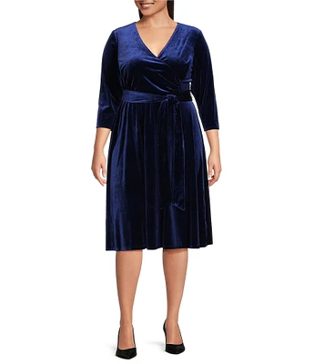 Lauren Ralph Lauren Plus Size Velvet Surplice Neck Long Sleeve A-Line Midi Dress