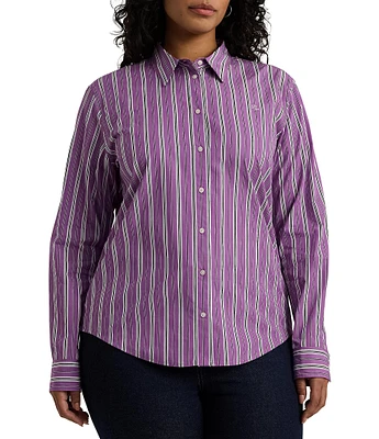 Lauren Ralph Lauren Plus Size Yarn-Dyed Variegated Striped Broadcloth Long Sleeve Button-Front Shirt