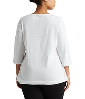 Lauren Ralph Lauren Plus Size Split Round Neck 3/4 Sleeve Woven Trim Knit Top