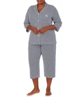 Lauren Ralph Lauren Plus Size Striped Print Notch Collar 3/4 Sleeve Button Front Jersey Knit Capri Pajama Set