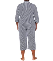 Lauren Ralph Lauren Plus Size Striped Print Notch Collar 3/4 Sleeve Button Front Jersey Knit Capri Pajama Set