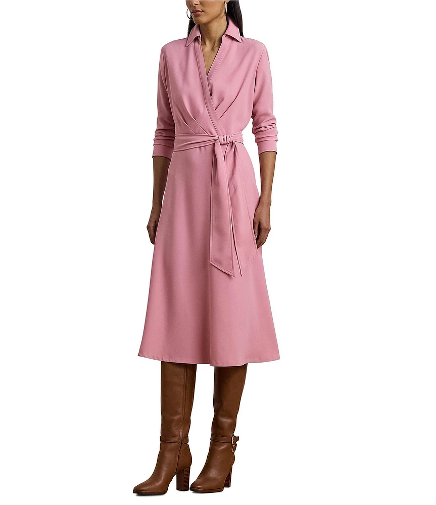 Lauren Ralph Lauren Point Collar Long Sleeve Faux Wrap Midi Dress