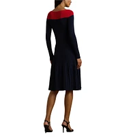 Lauren Ralph Lauren Pointelle Knit Color Block Boat Neck Long Sleeve Pleated Fit and Flare Dress