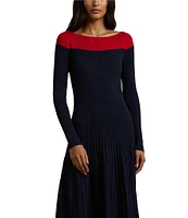 Lauren Ralph Lauren Pointelle Knit Color Block Boat Neck Long Sleeve Pleated Fit and Flare Dress