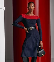 Lauren Ralph Lauren Pointelle Knit Color Block Boat Neck Long Sleeve Pleated Fit and Flare Dress