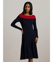 Lauren Ralph Lauren Pointelle Knit Color Block Boat Neck Long Sleeve Pleated Fit and Flare Dress