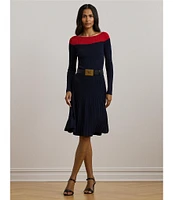 Lauren Ralph Lauren Pointelle Knit Color Block Boat Neck Long Sleeve Pleated Fit and Flare Dress