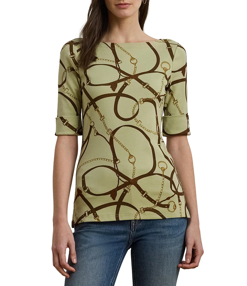 Lauren Ralph Lauren Printed Boatneck Elbow Length Sleeve Tee Shirt