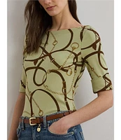 Lauren Ralph Lauren Printed Boatneck Elbow Length Sleeve Tee Shirt