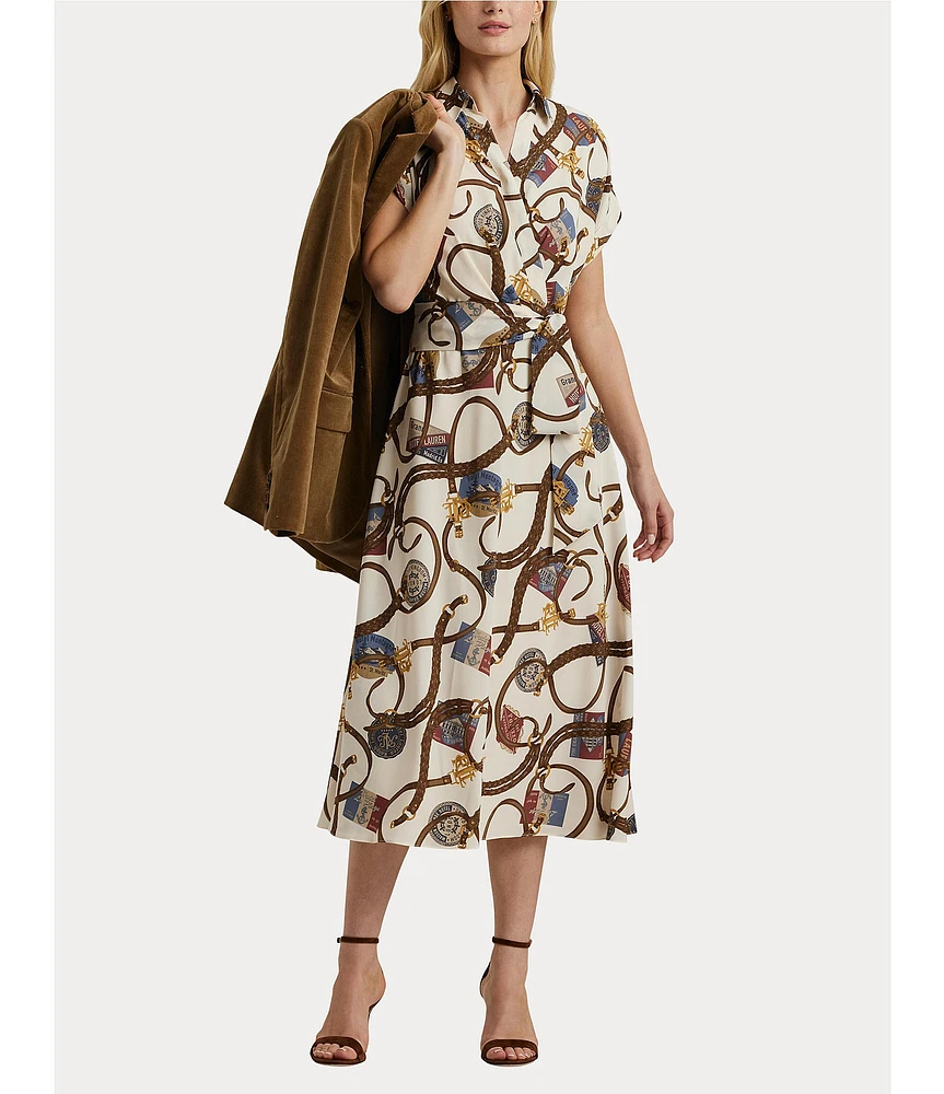 Lauren Ralph Lauren Printed Crepe Collar Surplice Neck Roll-Tab Short Sleeve Tie Waist Wrap Midi Dress