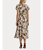 Lauren Ralph Lauren Printed Crepe Collar Surplice Neck Roll-Tab Short Sleeve Tie Waist Wrap Midi Dress