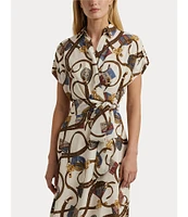 Lauren Ralph Lauren Printed Crepe Collar Surplice Neck Roll-Tab Short Sleeve Tie Waist Wrap Midi Dress