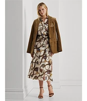 Lauren Ralph Lauren Printed Crepe Collar Surplice Neck Roll-Tab Short Sleeve Tie Waist Wrap Midi Dress