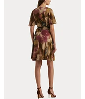 Lauren Ralph Lauren Printed Crinkle Georgette Surplice Neck Flutter Sleeve Pleated Self Belted Mini Dress