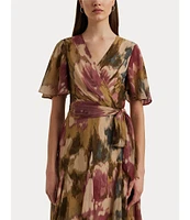 Lauren Ralph Lauren Printed Crinkle Georgette Surplice Neck Flutter Sleeve Pleated Self Belted Mini Dress