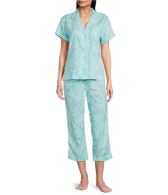 Lauren Ralph Lauren Printed Short Sleeve Notch Collar Woven Cropped Pajama Set