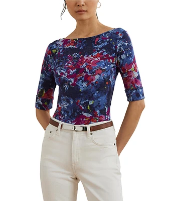 Lauren Ralph Lauren Printed Stretch Cotton Boat Neck Elbow Sleeve T-Shirt