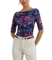 Lauren Ralph Lauren Printed Stretch Cotton Boat Neck Elbow Sleeve T-Shirt
