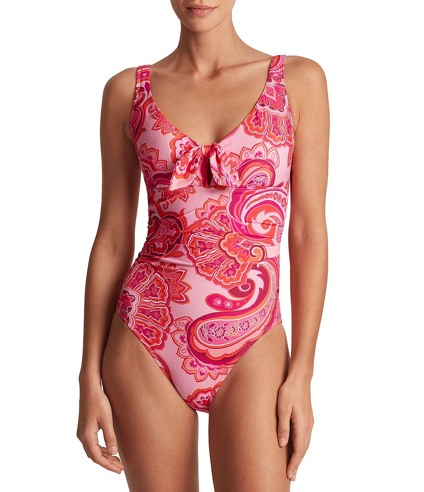 Lauren Ralph Lauren Provence Paisley Scoop Neck Tie Front One Piece Swimsuit