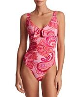 Lauren Ralph Lauren Provence Paisley Scoop Neck Tie Front One Piece Swimsuit