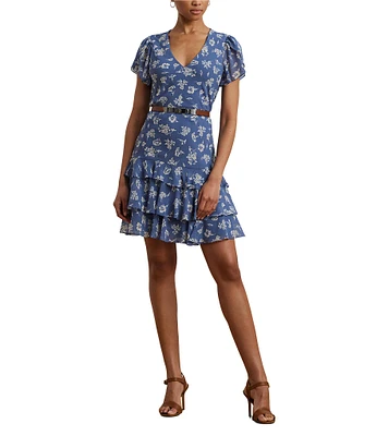 Lauren Ralph Lauren Rachna Short Flutter Sleeve Tiered Drop Waist Dress