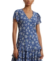 Lauren Ralph Lauren Rachna Short Flutter Sleeve Tiered Drop Waist Dress