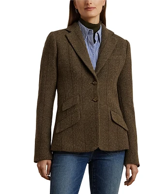 Lauren Ralph Lauren Herringbone Tweed Notch Lapel Front Pocket Two-Button Blazer Wool-Blend Jacket