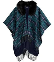 Lauren Ralph Lauren Reversible Faux Fur Collar Plaid Ruana