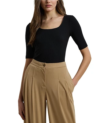 Lauren Ralph Lauren Rib-Knit Cotton Blend Scoop Neck Elbow Sleeve Fitted Tee