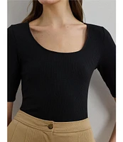 Lauren Ralph Lauren Rib-Knit Cotton Blend Scoop Neck Elbow Sleeve Fitted Tee