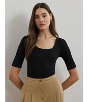 Lauren Ralph Lauren Rib-Knit Cotton Blend Scoop Neck Elbow Sleeve Fitted Tee