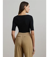 Lauren Ralph Lauren Rib-Knit Cotton Blend Scoop Neck Elbow Sleeve Fitted Tee