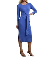 Lauren Ralph Lauren Rib Knit Crew Neck Long Sleeve Front Tie Sheath Midi Dress