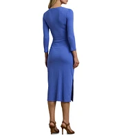 Lauren Ralph Lauren Rib Knit Crew Neck Long Sleeve Front Tie Sheath Midi Dress