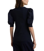 Lauren Ralph Lauren Rib-Knit Stretch Lace-Up Puff Sleeve Top