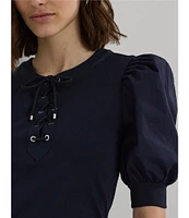 Lauren Ralph Lauren Rib-Knit Stretch Lace-Up Puff Sleeve Top