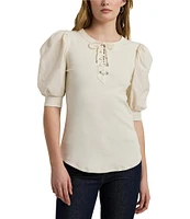 Lauren Ralph Lauren Rib-Knit Stretch Lace-Up Puff Sleeve Top