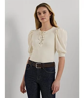 Lauren Ralph Lauren Rib-Knit Stretch Lace-Up Puff Sleeve Top