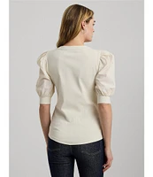 Lauren Ralph Lauren Rib-Knit Stretch Lace-Up Puff Sleeve Top