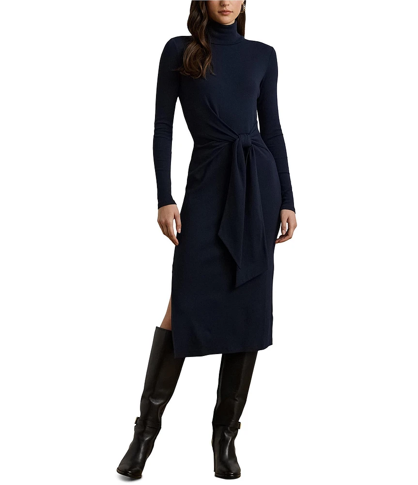 Lauren Ralph Lauren Rib-Knit Turtleneck Long Sleeve Tie Waist Midi Dress