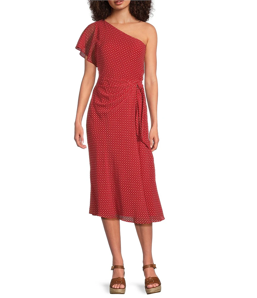 Lauren Ralph Lauren Salara Crinkle Georgette One Shoulder Neck Side Twist A-Line Midi Dress