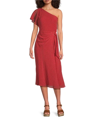 Lauren Ralph Lauren Salara Crinkle Georgette One Shoulder Neck Side Twist A-Line Midi Dress