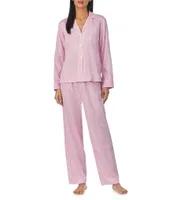 Lauren Ralph Lauren Sateen Striped Long Sleeve Notch Collar Long Pant Pajama Set